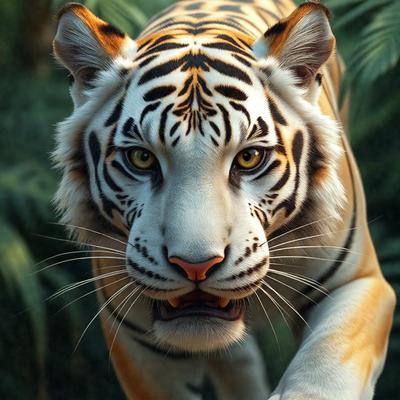 The primary subject of the image is a close-up of a tiger's face. The tiger is standing in a forest, surrounded by trees. The visual style of the image is a digital art or illustration, with a focus on the tiger's facial features. The colors and mood of the image are predominantly dark and intense, with the tiger's eyes being the most prominent feature.